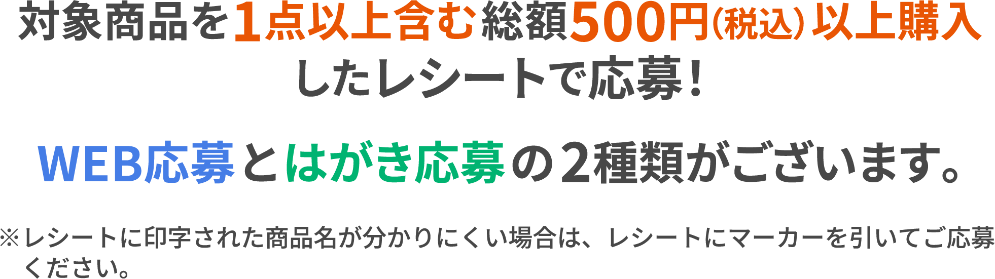 対象商品を1点以上含む総額500円（税込）以上購入したレシートで応募！ WEB応募とはがき応募の2種類がございます。 ※レシートに印字された商品名が分かりにくい場合は、レシートにマーカーを引いてご応募ください。